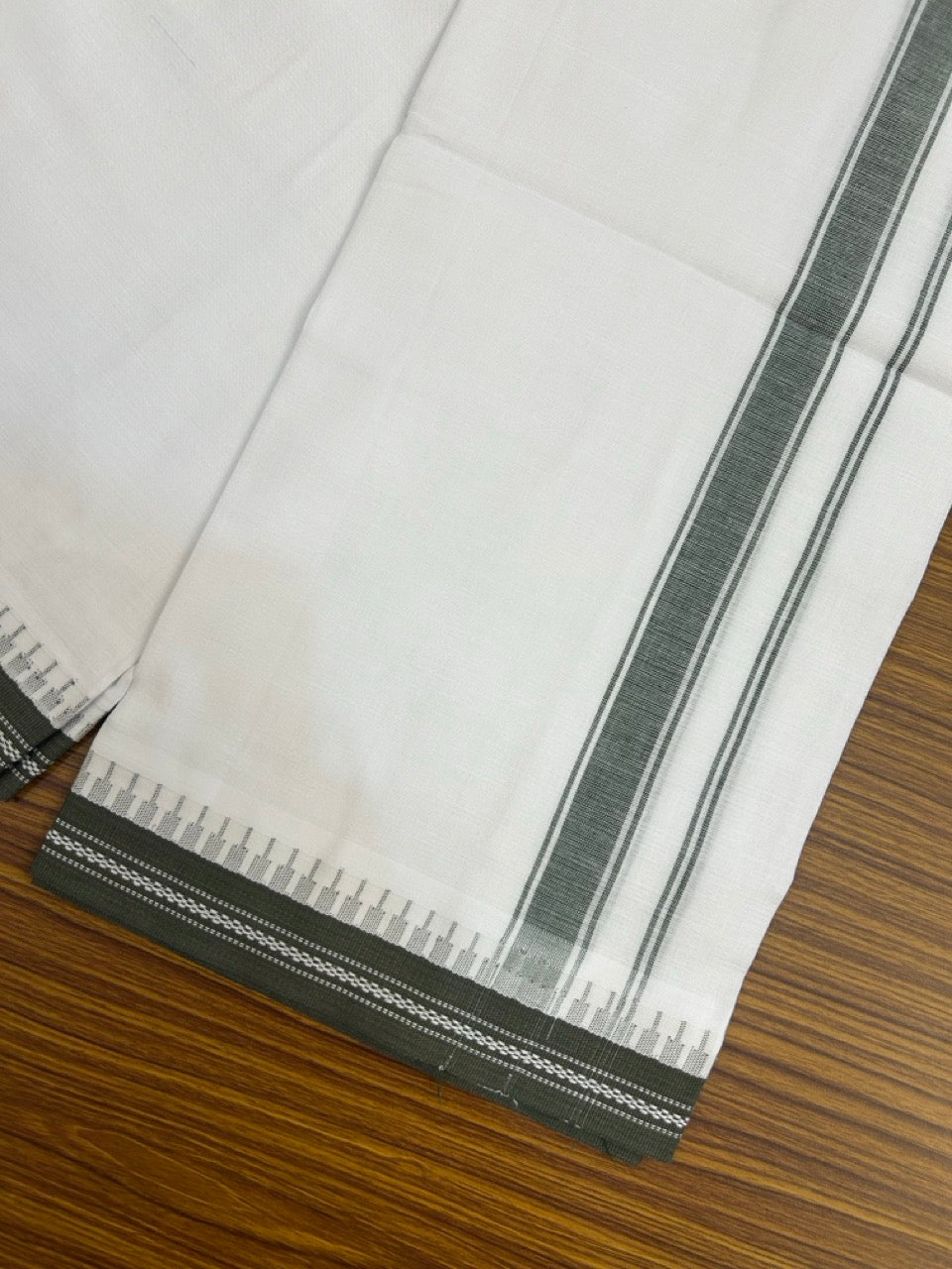 Premium Kathar Type Mercerised Pure Cotton Single Mund Kaitharikada Special - Kaily / Lungi -  1.25 inch Sage Green Striped kara White Body Kuppadam Border (2 meter / 4 muzham) - 3 KK8031 MUT