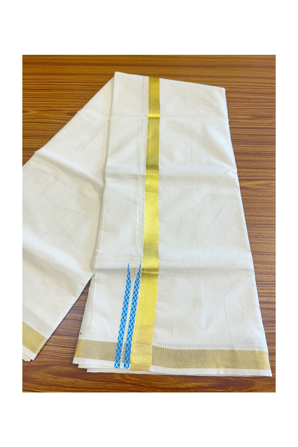 15% Discount !! KaithariKada Balaramapuram 100% Cotton Double Off white - (Unbleached) Mundu/Dhoti-80X72-  KASAVU & BLUE CHUTTY PATTERN Printed Kara- 3KK85CEE