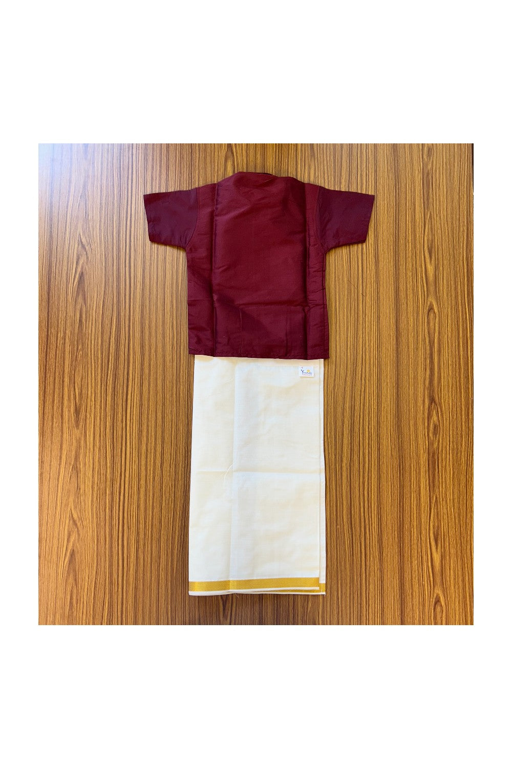10% DISCOUNT !!! Yuvraj-Traditional South Indian Kids Silk Shirt & Mund - Dark maroon Shirt Off white Kasavu Mund Age 1- 3KK90YUV1.