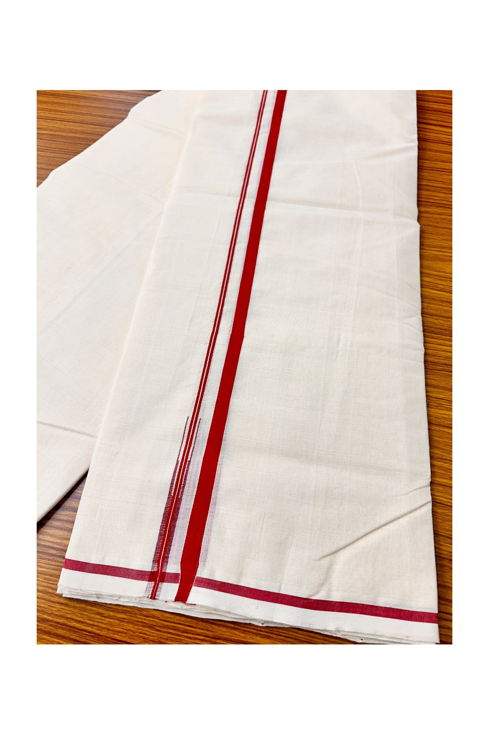 14% DISCOUNT! KaithariKada BALARAMAPURAM HANDLOOM Millpaav- 100% PURE Cotton 100x100 Double Mundu/Dhoti OFF WHITE (Unbleached) - PULIYILAKKARA Maroon+Red 1.cm KARA-3RAM