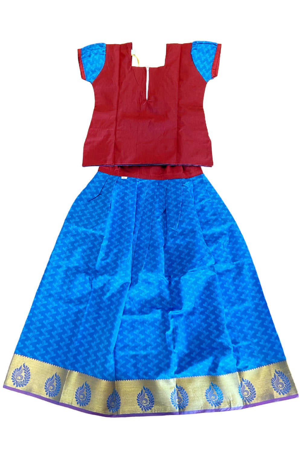 Midukki-Traditional South Indian Kids Pattu Pavada- Maroon top blue skirt with emboss work - Age 11 - KK11MID003