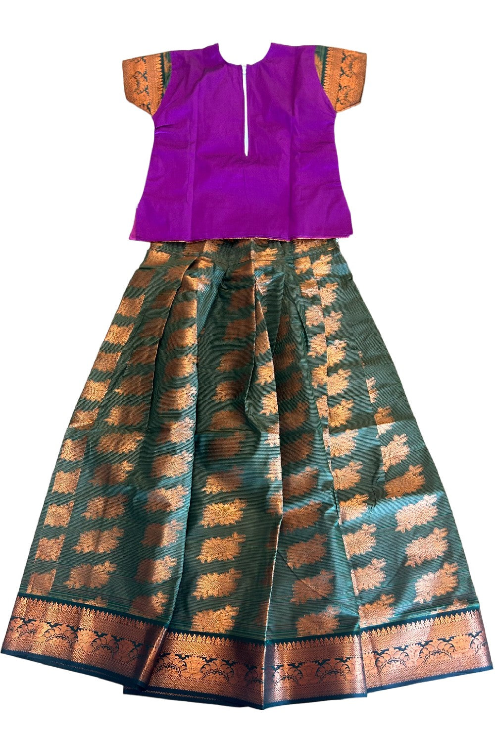 Midukki-Traditional South Indian Kids Pattu Pavada- Magenta top dark green skirt with emboss work- Age 15&16 - KK15&16MID003