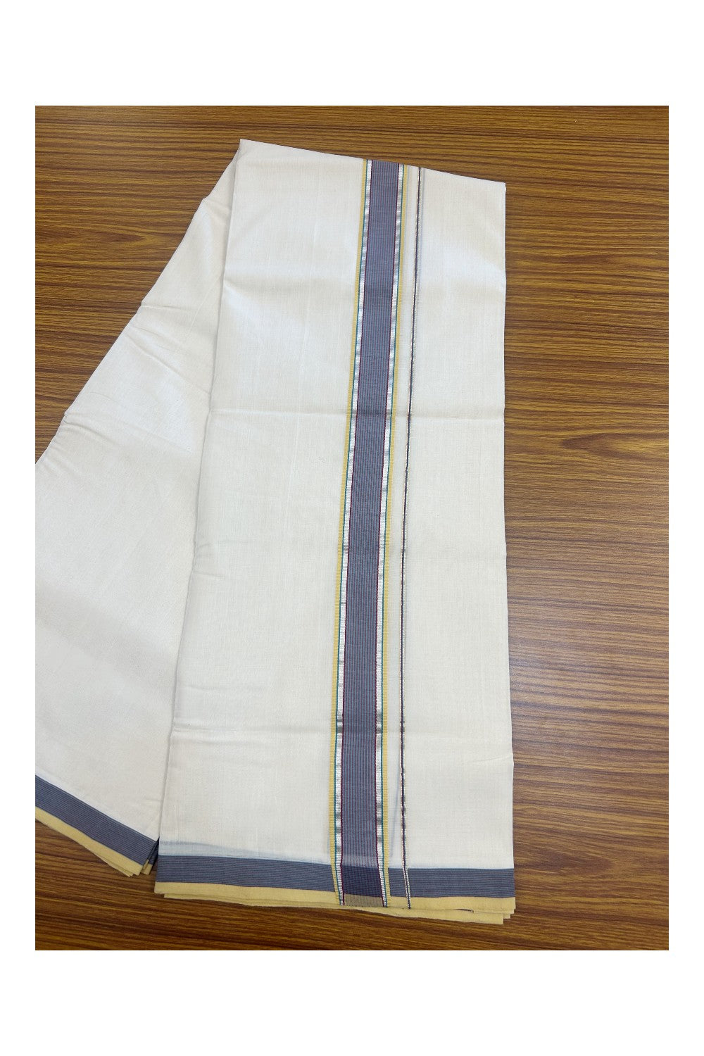 28% DISCOUNT! KaithariKada BALARAMAPURAM HANDLOOM UNAKKUPAAV - 100% PURE Cotton Off white (Unbleached) Double Mundu/Dhoti - 1.75 inch Silver Kasavu Navy BLue and mustard Yellow Kara - 3KK5153RAM