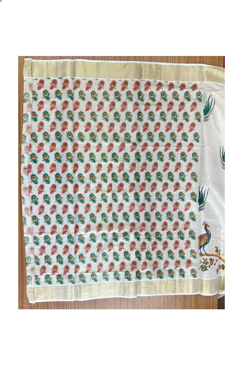 25% Discount! Kaitharikada Kerala Saree - Kasavu Tissue -  Kasavu Zari & Peacock Mural Printed Maroon - 3KK300VIN