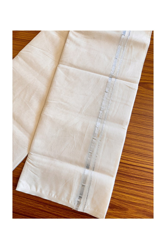 21% DISCOUNT! KaithariKada Balaramapuram 100% Cotton Double Off white - (Unbleached) Mundu/Dhoti-100x80 0.75 inch SILVER Kasavu Kara 3.70 meter (8 Muzham) -3