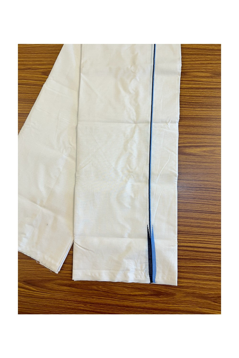 28% DISCOUNT ! KaithariKada Balaramapuram 100% COTTON SINGLE OFF WHITE (Unbleached) Mundu/Dhoti-100X100-  0.5 Inch Puliyilakkara Blue& Black Chutty (2 meter / 4 muzham) -  3KK446ASH