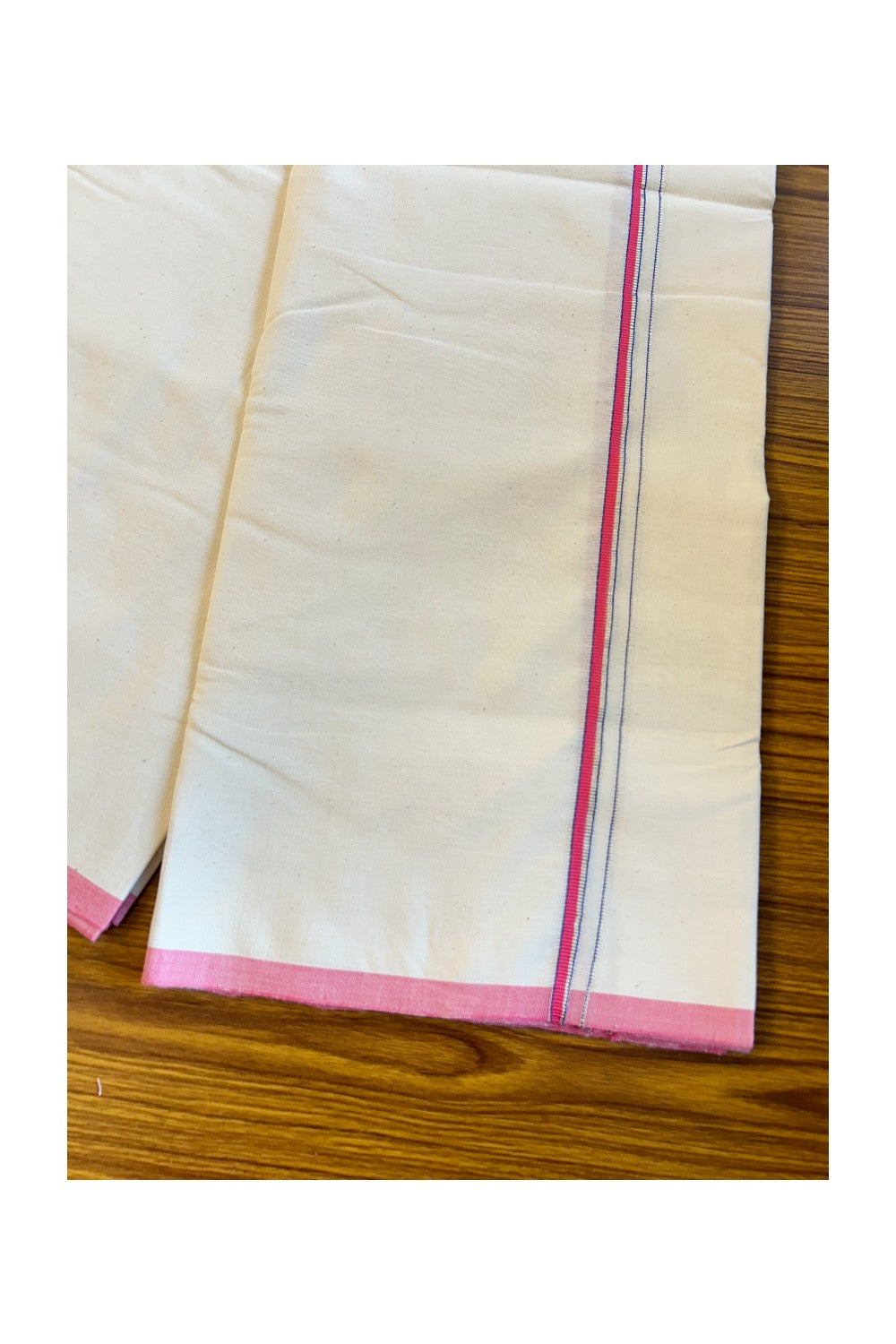 30% Discount!! SIGNATURE KAITHARIKADA EXCLUSIVE SINGLE DHOTI - 100% Cotton Balaramapuram HANDLOOM Single Mundu/Dhoti - Off White - (Unbleached) 0.5 Inch Silver KASAVU & Pink Blue Kara (2 metre / 4 muzham)- 3KK5013KAI