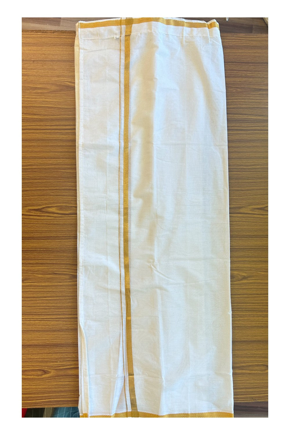 KaithariKada Balaramapuram 100% Pure Cotton SINGLE Off white VELCRO Mundu/Dhoti  - 1.5inch Gold Kasavu kara (2 metre / 4 muzham) - 3KK5016KK