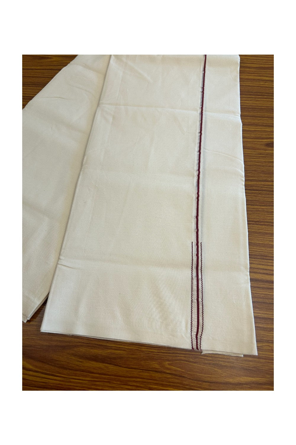 20% Discount!! KaithariKada Balaramapuram 100% COTTON SINGLE OFF WHITE - (Unbleached) Mundu/Dhoti - 100X100 - 0.5 Inch Maroon & Silver Puliyilakkara Chutty (2 meter / 4 muzham) - 3KK5035ASH
