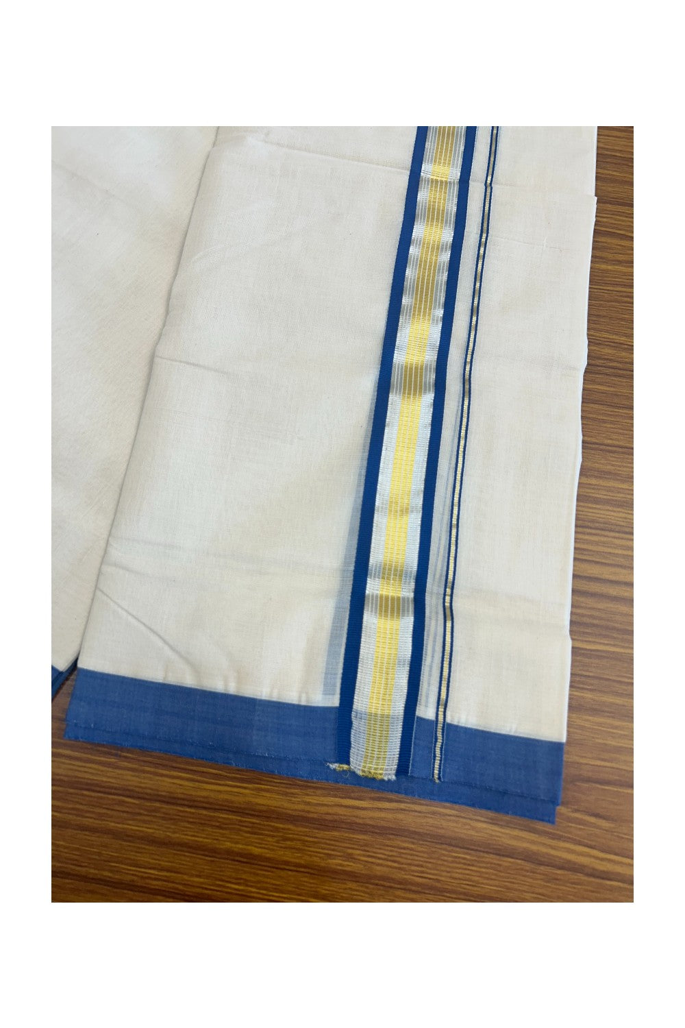 30% DISCOUNT! KaithariKada HANDLOOM Millpaav Balaramapuram - 100% PURE Cotton Off White (Unbleached) - 100x100 Double Mundu/Dhoti - 2.25 inch  Gold & Silver Kasavu Blue Stripes Kara-85