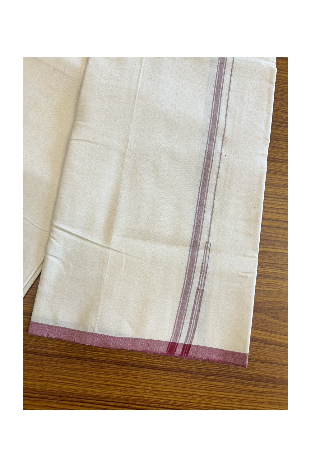 SIGNATURE KAITHARIKADA EXCLUSIVE SINGLE DHOTI - 25% Discount!!! 100% Cotton Balaramapuram HANDLOOM Single Mundu/Dhoti - Off White -  (Unbleached) - 1 cm Maroon & Silver KASAVU Chutty Kara (2 meter / 4 muzham) - 3KK5050KAI