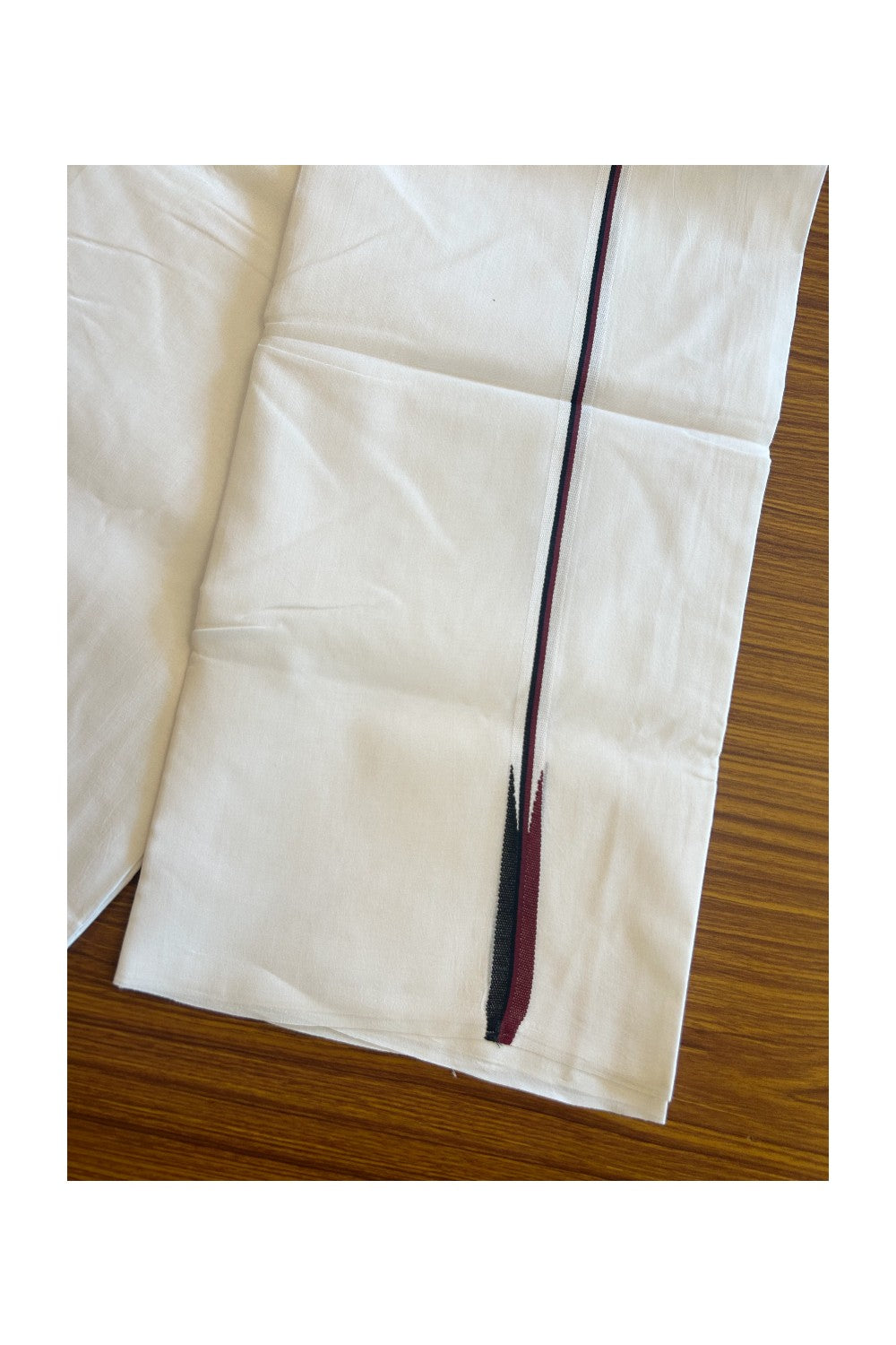 DMK Veshti - 19% DISCOUNT ! KaithariKada Balaramapuram 100% COTTON  Double PURE WHITE Mundu/Dhoti-100X100- 1 cm Puliyilakkara Maroon & Black Chutty - 23KK5043ASH