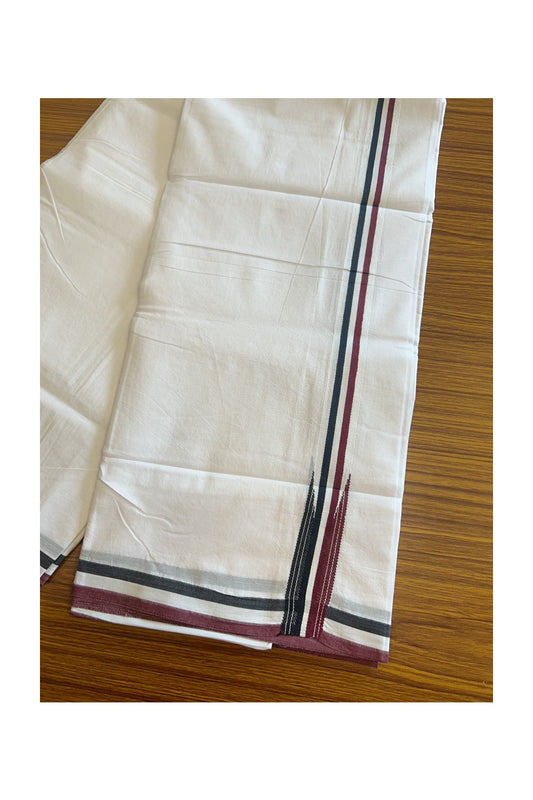 ADMK VESHTI - 19% DISCOUNT! KaithariKada 100% Cotton Pure white Double Mundu/Dhoti - 100X100 - 1.25 inch Black White & Maroon Striped Wings Chutty kara - 3KK5102ASH