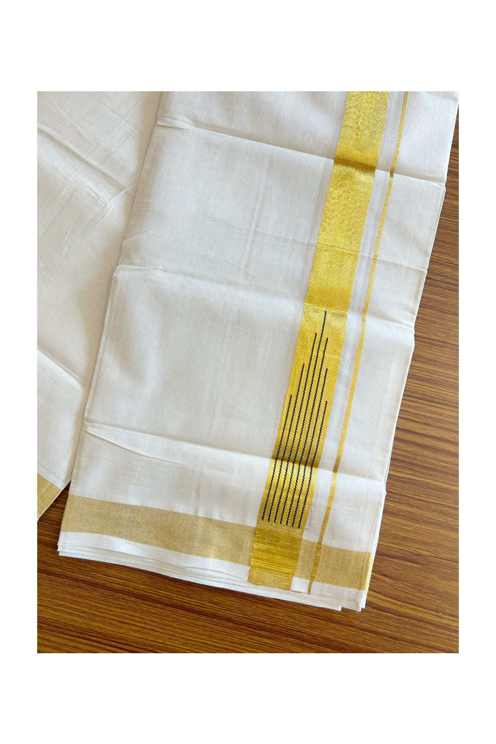Onam 2025 Special ! KaithariKada Balaramapuram 100%  Cotton Double Off white - (Unbleached) Mundu/Dhoti - 100 X 80 - 1.5 inch Kasav & Black Chutty kara - 129 KK5258 THI