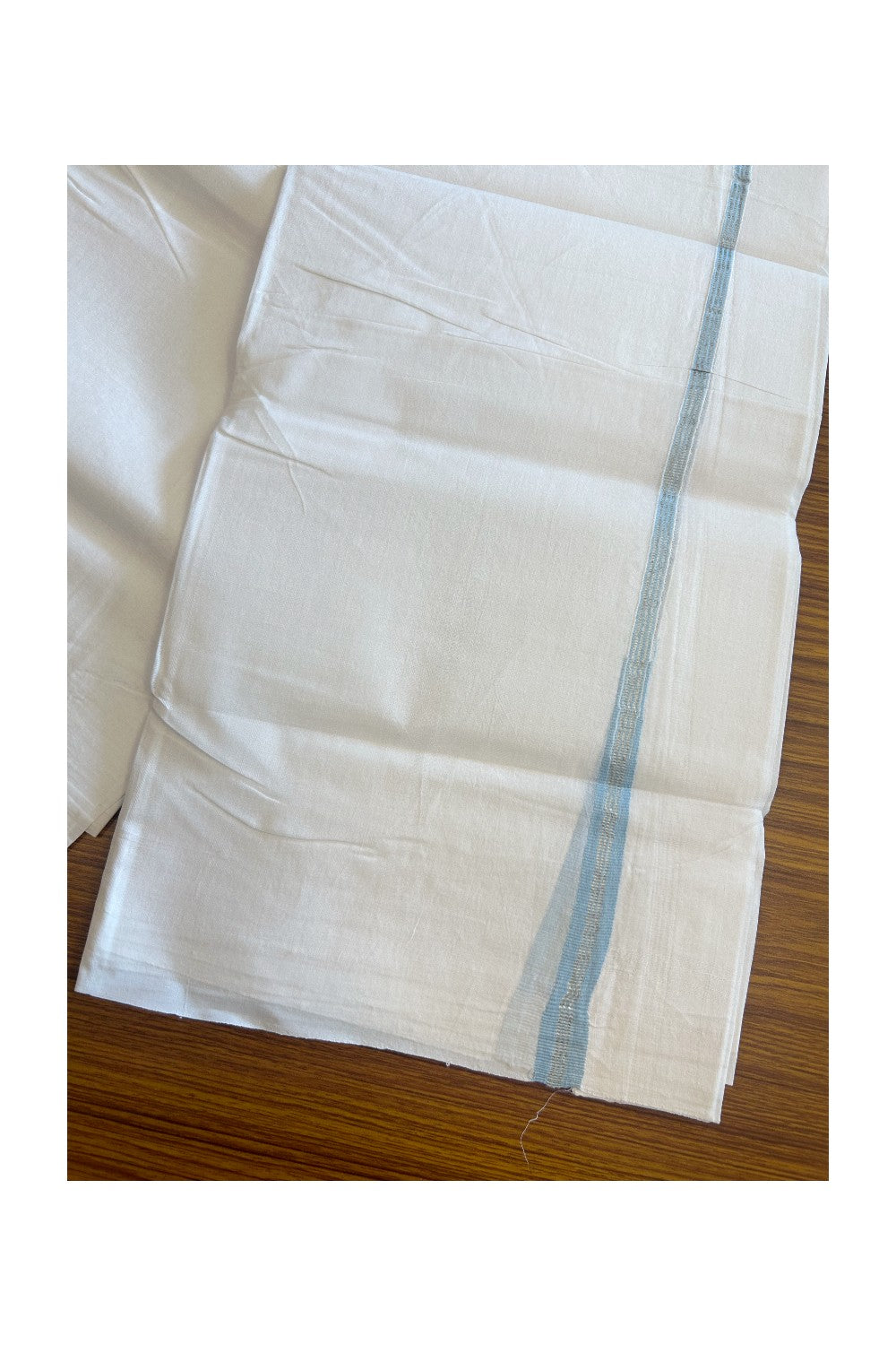 30% DISCOUNT!! KaithariKada HANDLOOM UNAKKUPAAV Balaramapuram - 100% PURE Cotton PURE WHITE - Double Mundu/Dothi - Sky Blue & Silver Striped puliyilakkara chutty - 3KK5129YAR