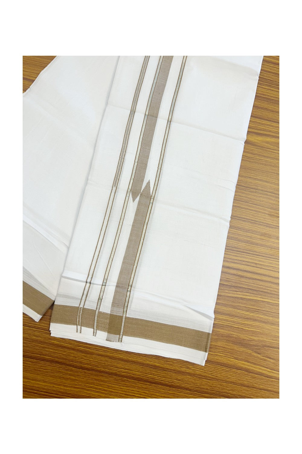 25% DISCOUNT! KaithariKada Balaramapuram 100% Mercerised Cotton Double ULTRA PURE white Mundu/Dhoti - 120x120 - 1.75 inch Heavy Chutty Silver Kasavu & Peanut Brown Shaded Kara - 3KK5139THI