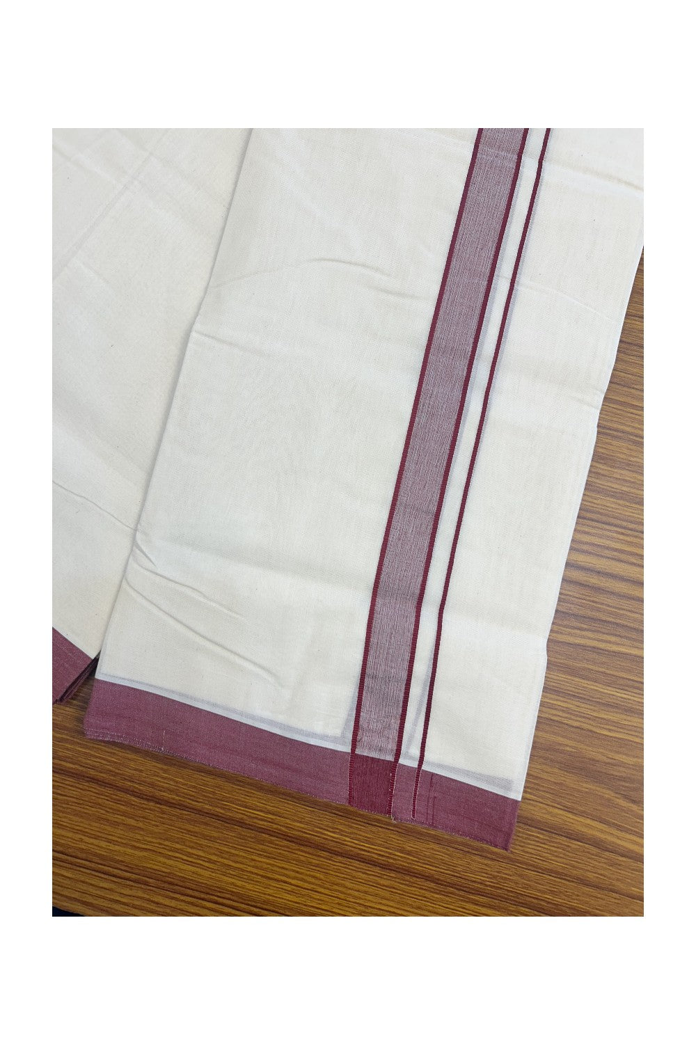 22% Discount ! KaithariKada Balaramapuram 100% Cotton Double Off white - (Unbleached) - Mundu/Dhoti- 100x80 - 1 inch Maroon Shaded Kara.- 3KK5140ASH