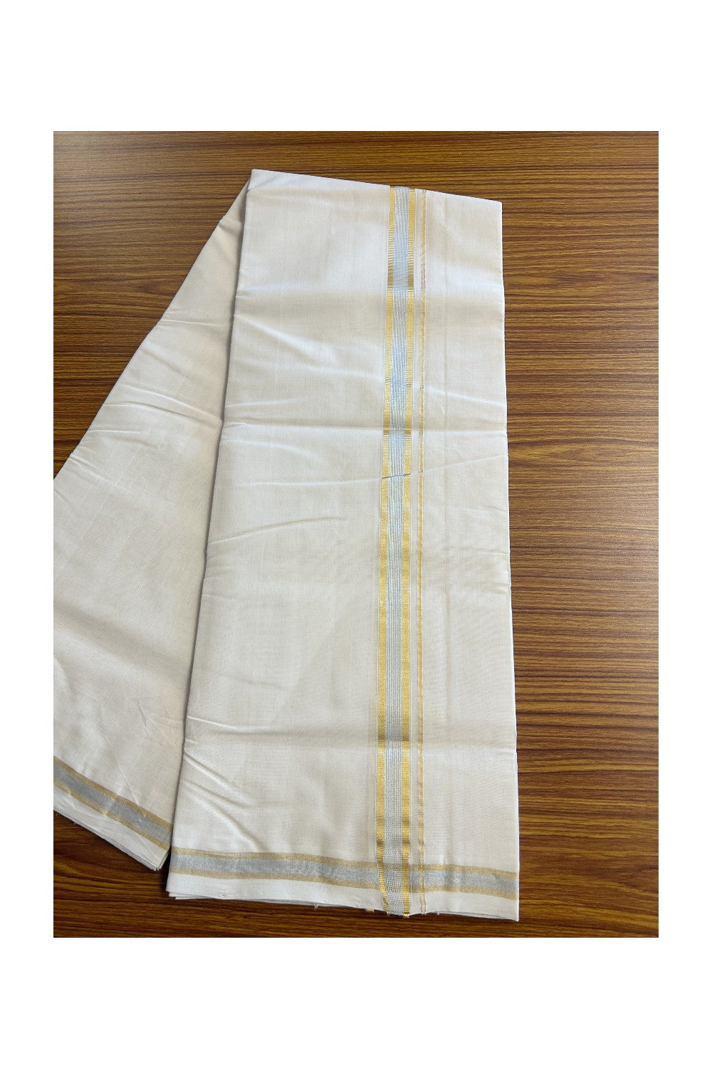 25% DISCOUNT ! KaithariKada HANDLOOM Millpaav Balaramapuram - 100% PURE Cotton Off White - (Unbleached) Double Mundu/Dhoti - 1.25 inch Gold Kasavu & Silver Kasavu Kara - 3KK5149RAM