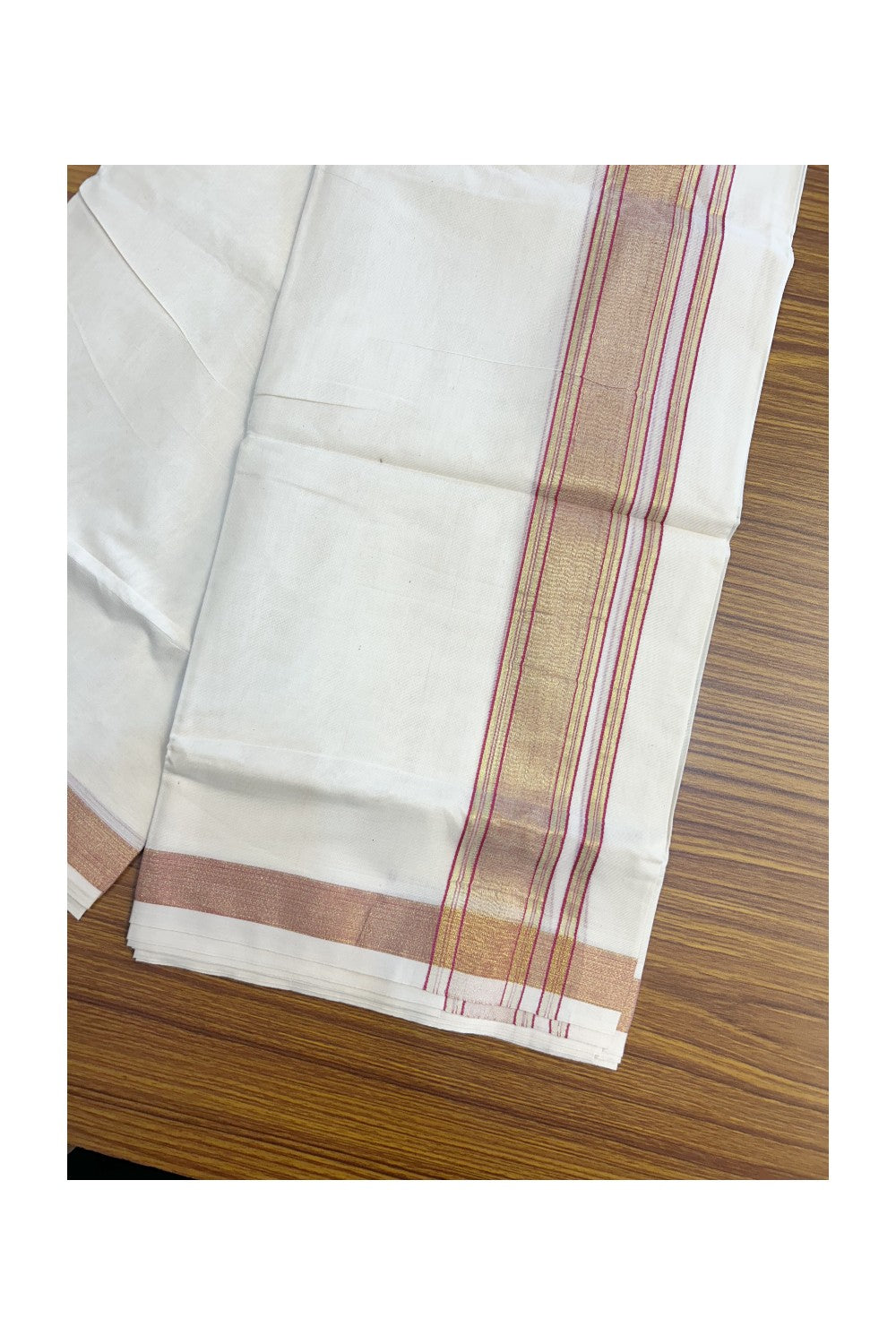20% DISCOUNT ! KaithariKada Balaramapuram 100% Cotton Double off white (Unbleached) Mundu/Dhoti - 80X72 Cotton mix - 2 inch Gold kasavu Tissue & Magenta Stripes kara - 3KK5151PMC