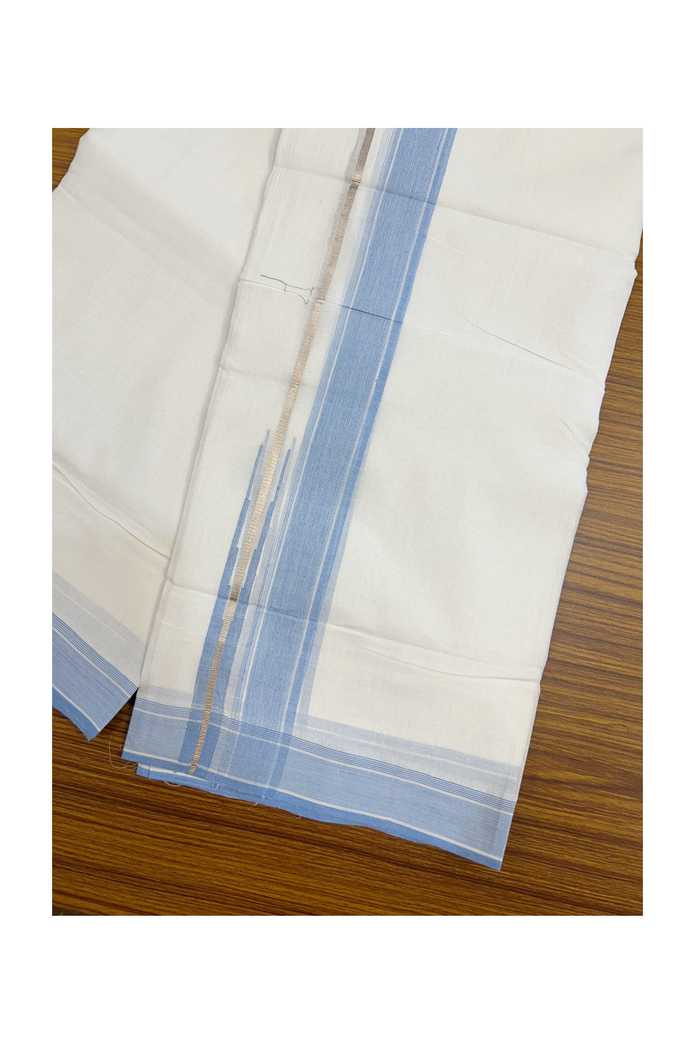 28% DISCOUNT!! Kaitharikada Balaramapuram 100% Cotton PURE WHITE Double Mundu/Dothi - 100X80 - 1.5 Inch Silver kasavu Sky blue shaded striped chutty - 3KK5155THI