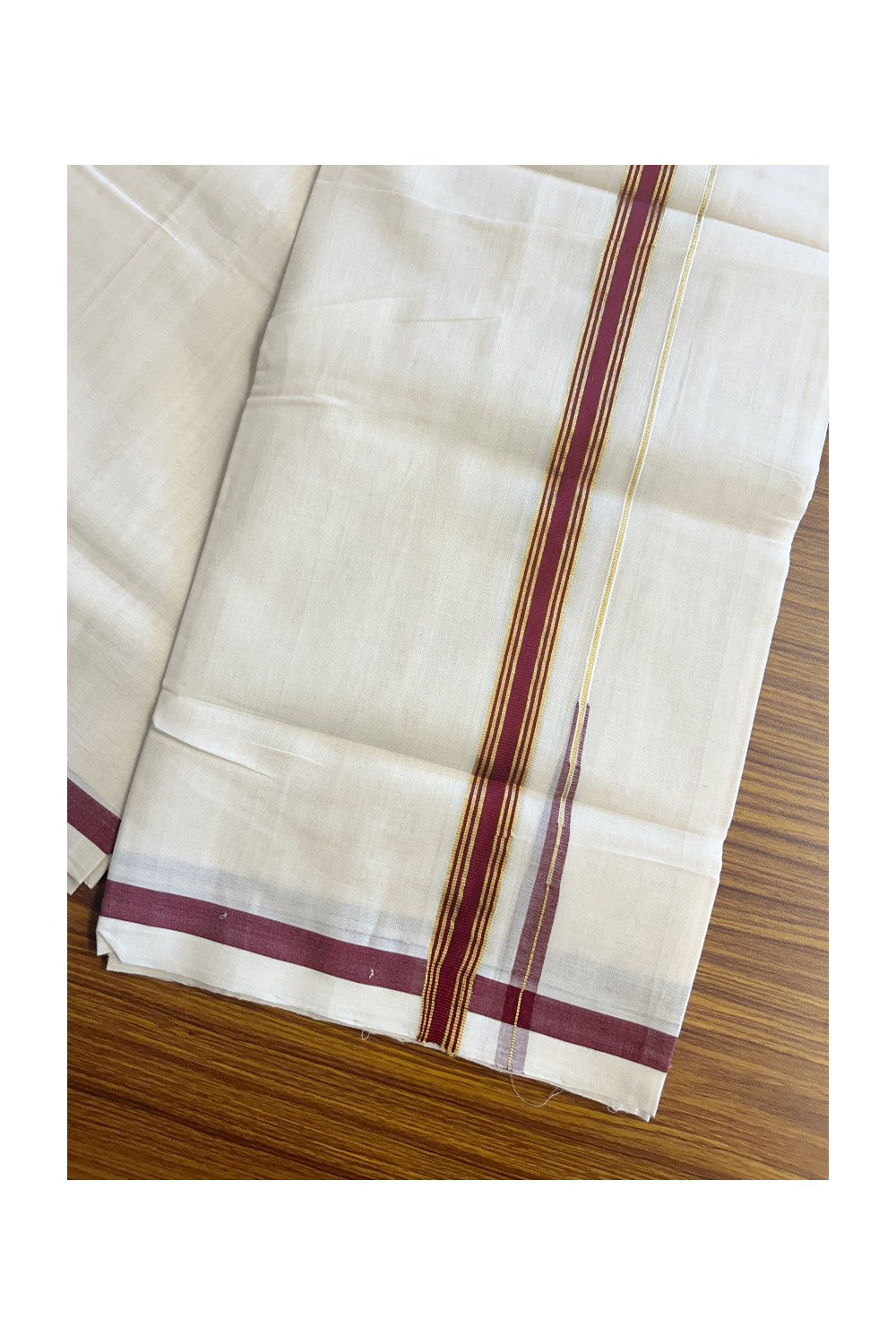 30% DISCOUNT!! KaithariKada HANDLOOM Millpaav Balaramapuram - 100% PURE Cotton OFF White Double- (Unbleached) Mundu/Dothi - 0.75 inch Puliyilakkara side stripes MAROON & Gold kasav chutty Kara - 3KK5156YAR