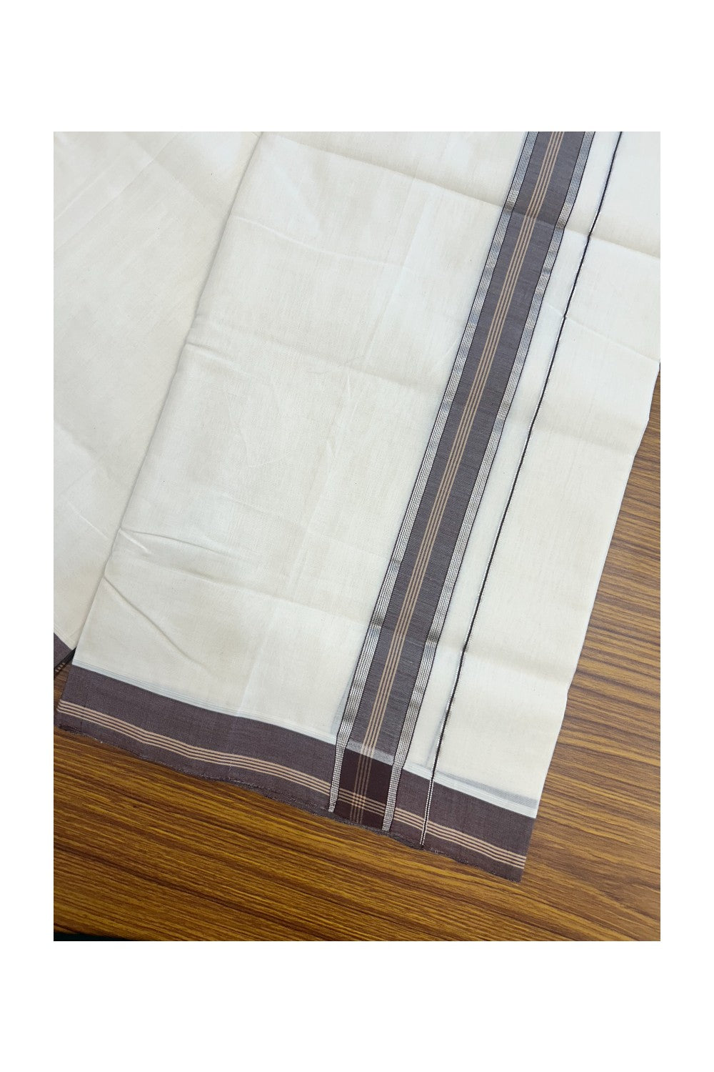 30% DISCOUNT!! KaithariKada HANDLOOM UNAKKUPAAV Balaramapuram - 100% PURE Cotton OFF White Double - (Unbleached)- Mundu/Dothi - 1.5 inch Silver Kasavu Brown & Sand Brown Striped Kara 4.5 Meters (10 Muzham) - 3KK5160REA