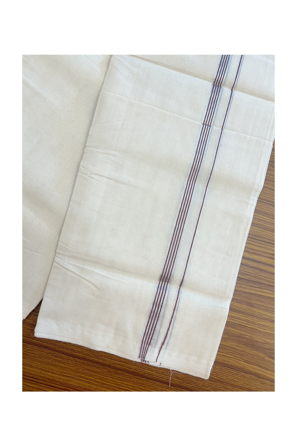 27% DISCOUNT! KaithariKada BALARAMAPURAM HANDLOOM UNAKKUPAAV - 100% PURE Cotton Off white (Unbleached) Double Mundu/Dhoti - 0.5 inch Silver Kasavu &  Maroon Striped Kara (8 Muzham) - 19KK5161SOM