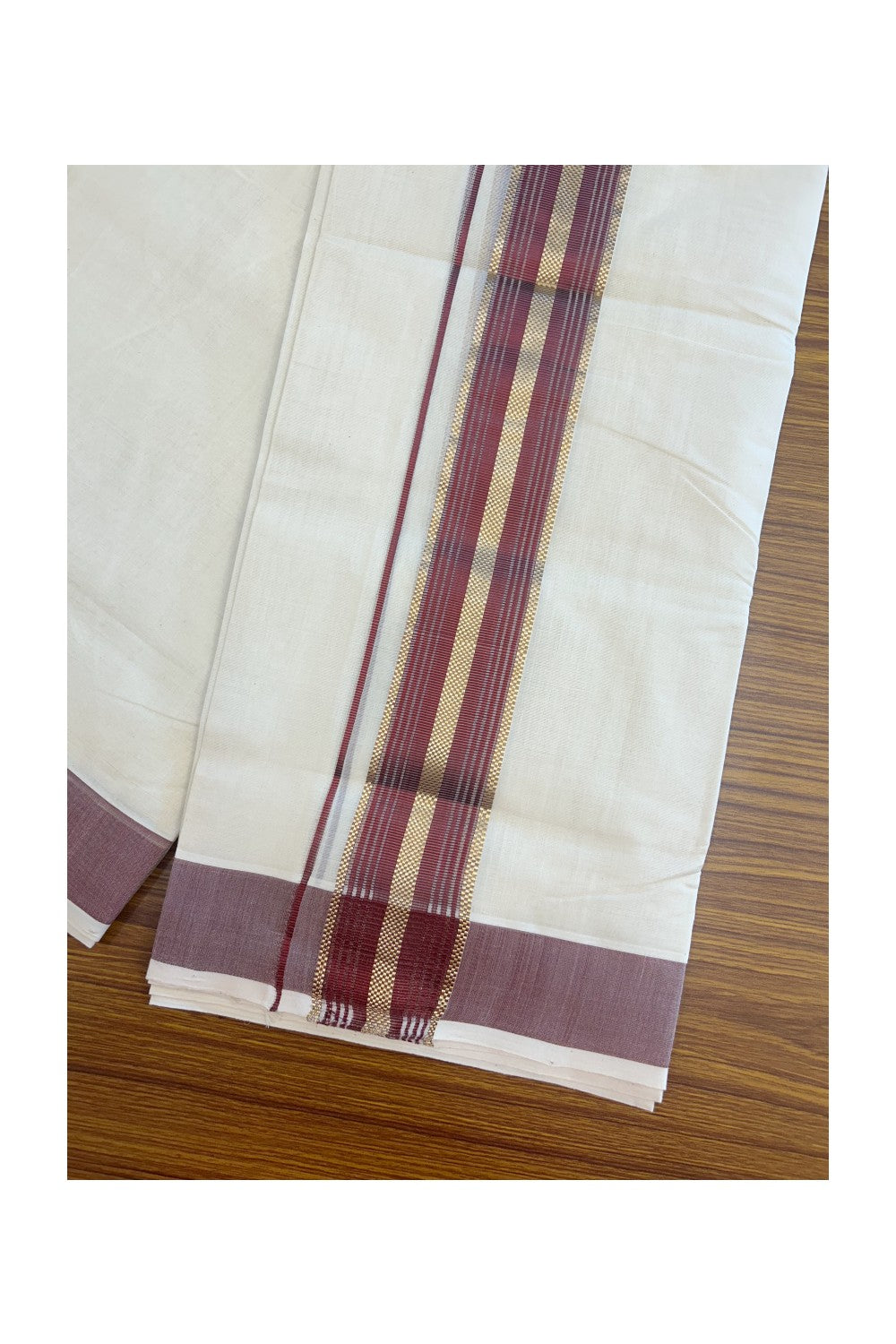 27% DISCOUNT!! KaithariKada HANDLOOM millpaav Balaramapuram - 100% PURE Cotton OFF White - (Unbleached) Double Mundu/Dothi - 2.25 inch Maroon colour kasavu  & Gold Kasavu Striped kara - 11KK5162RAM