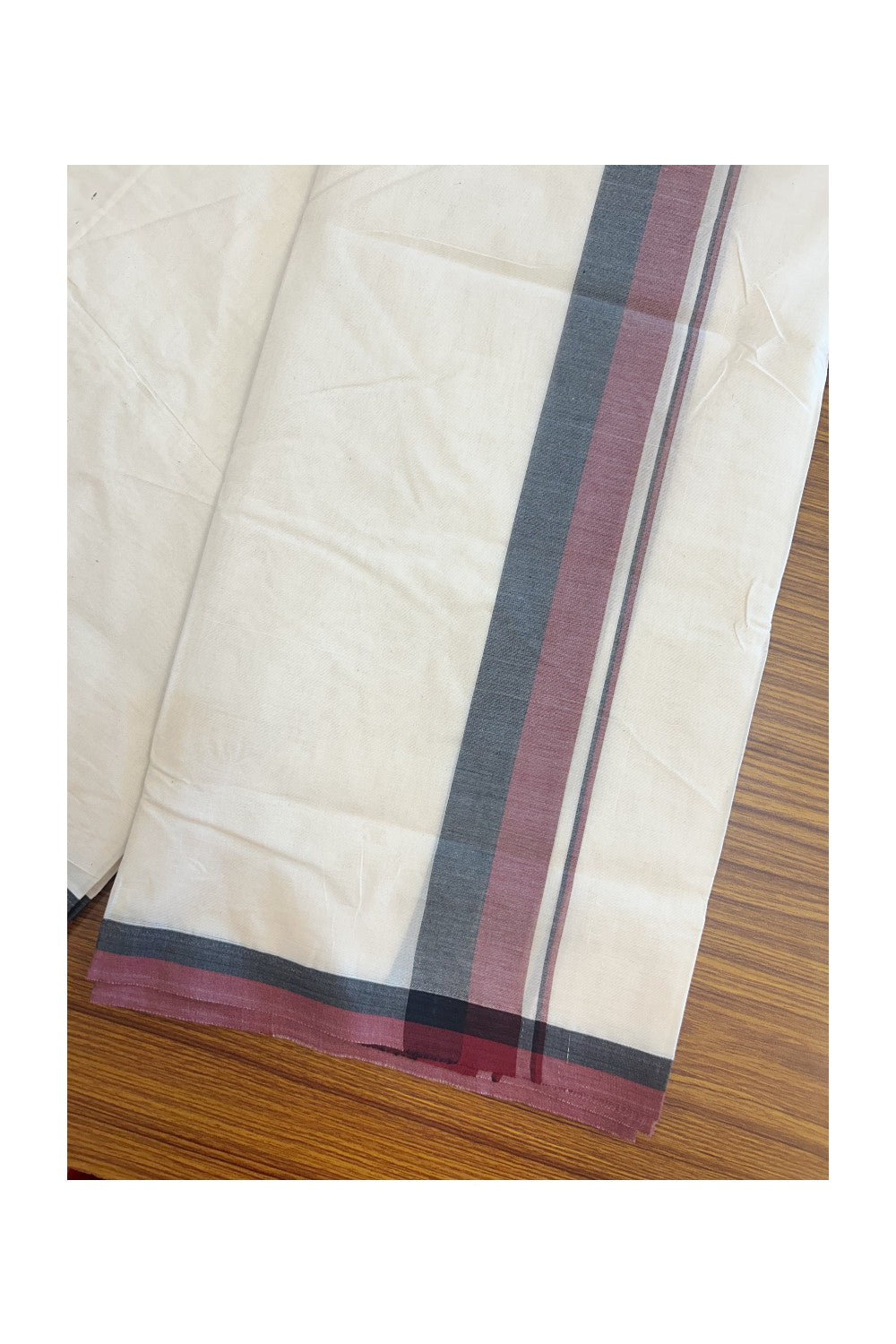 DMK Veshti - 13% DISCOUNT! KaithariKada 100% Cotton off white Double - (Unbleached) Mundu/Dhoti - 100X100 - 2 inch Black & Maroon shaded kara - 2KK5163ASH