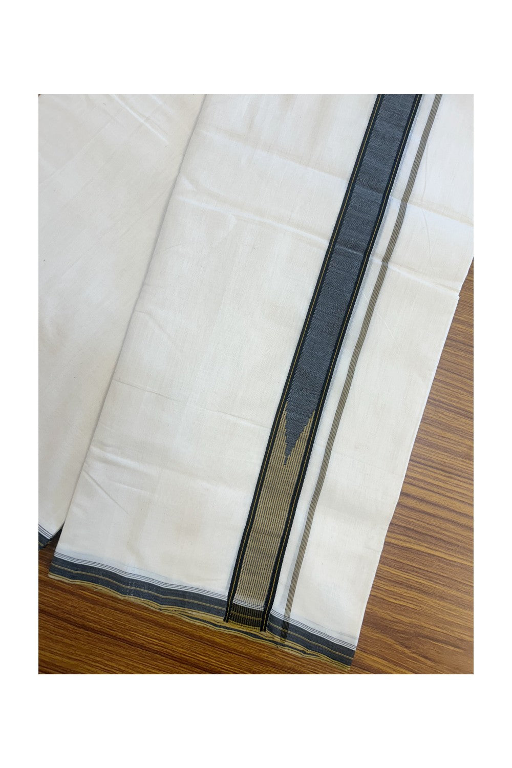 25% DISCOUNT!! KaithariKada HANDLOOM  UNAKKUPAAV Balaramapuram - 100% PURE Cotton OFF White - (Unbleached) Double Mundu/Dothi - 100X100 - 1.5 inch Puliyilakkara Black & Mustard Yellow striped chutty  - 3KK5167REA