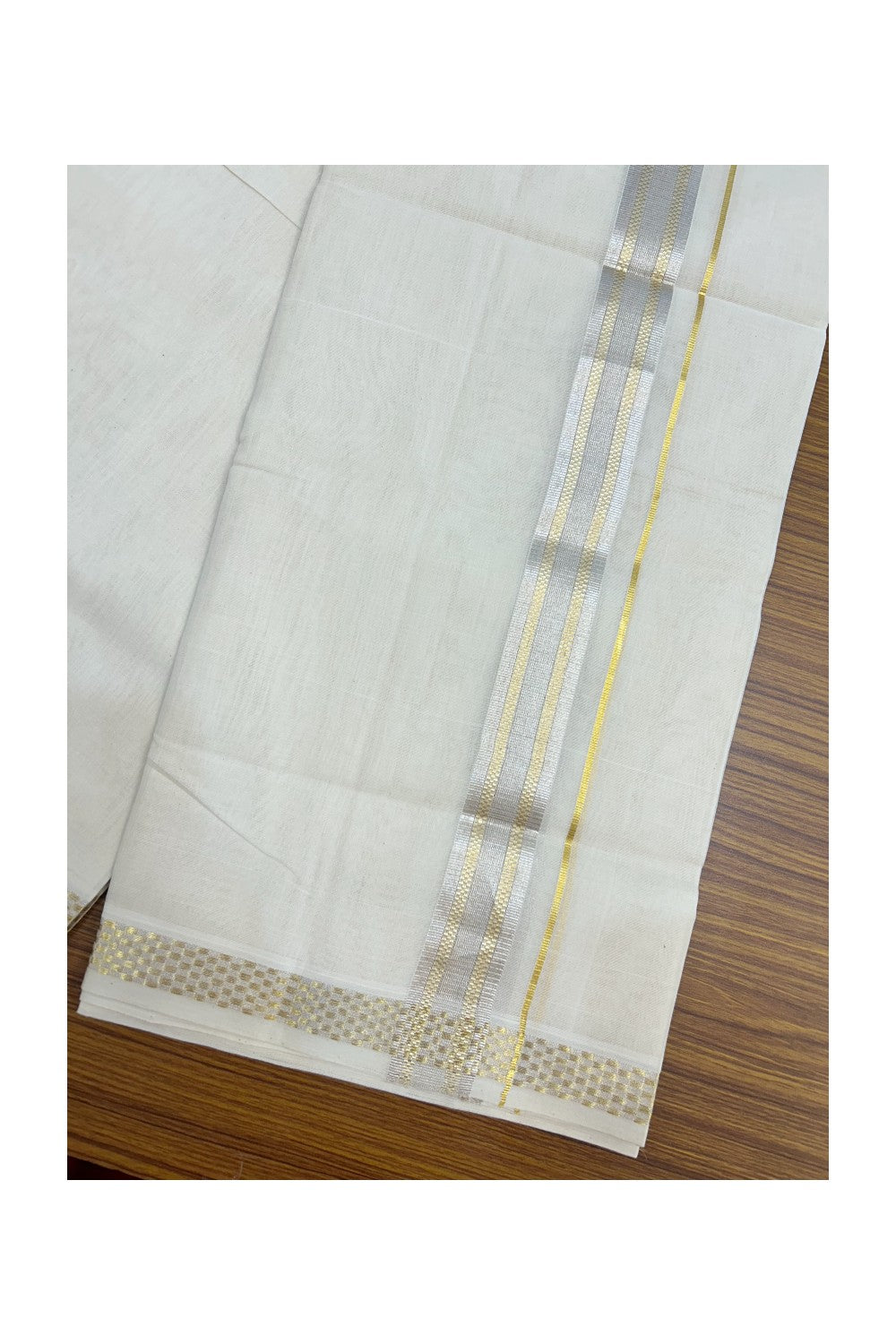 25% DISCOUNT ! KaithariKada HANDLOOM Unakkupaav Balaramapuram - 100% PURE Cotton Off White - (Unbleached) Double Mundu/Dhoti - 100x100 - 1.25 inch Silver & Gold Kasavu Designer Kara - 3KK5176ABH