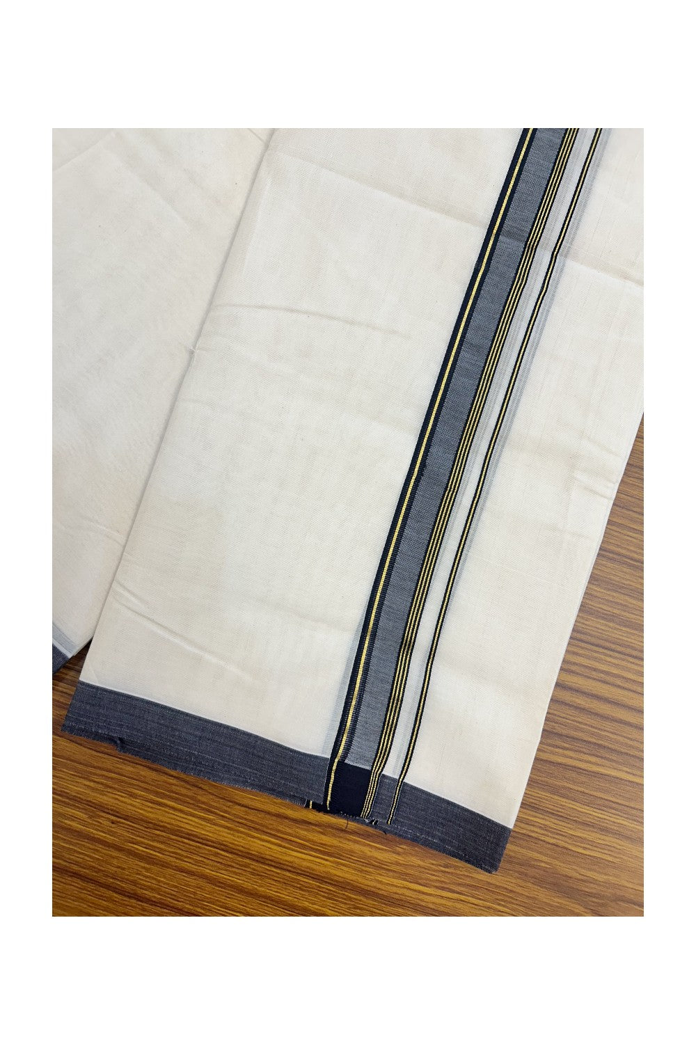 SHORT DHOTI SPECIAL! Kaitharikada.com 32% DISCOUNT! KaithariKada Balaramapuram 100% Cotton  Off white (Unbleached) Double Mundu/Dhoti-100x100 - 1.25 inch Kara & 46 inches Height Navy Blue & Kasavu Striped Kara- 3KK5178ASH