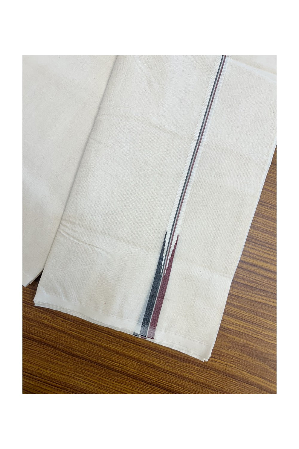 ADMK VESTHI 22% DISCOUNT ! KaithariKada Balaramapuram 100% COTTON DOUBLE OFF WHITE (Unbleached) Mundu/Dhoti-100X100- 0.5 Inch  Puliyilakkara Maroon & Black Chutty Kara - 3KK5179ASH