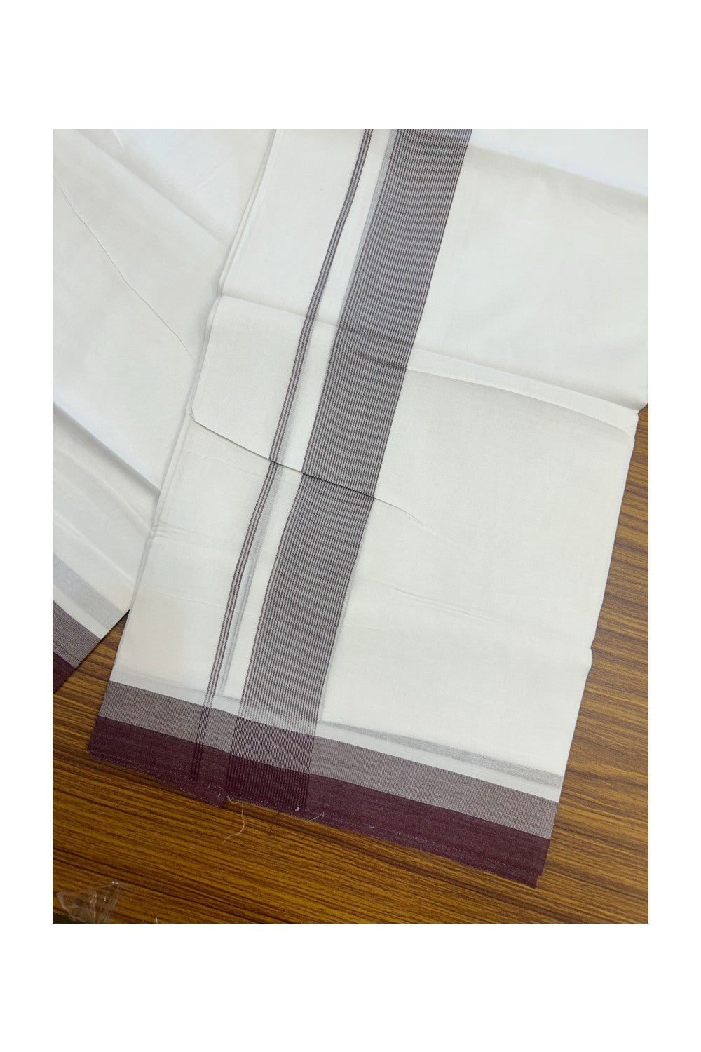 20% Discount ! Kaitharikada Balaramapuram 100% Cotton PURE WHITE Double Mundu/Dothi - 100x80 - 1.5 inch Wine shaded Striped Kara - 3KK5183VIN