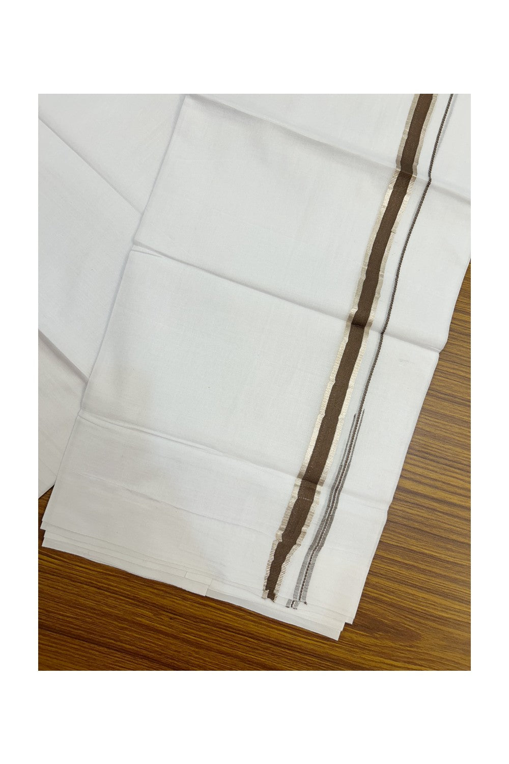 20% Discount !! Kaitharikada Balaramapuram 100% Cotton PURE WHITE Double Mundu/Dothi - 100x80 - 0.75 inch Silver Kasavu & Coffee Brown Chutty Kara - 3KK5191CKS