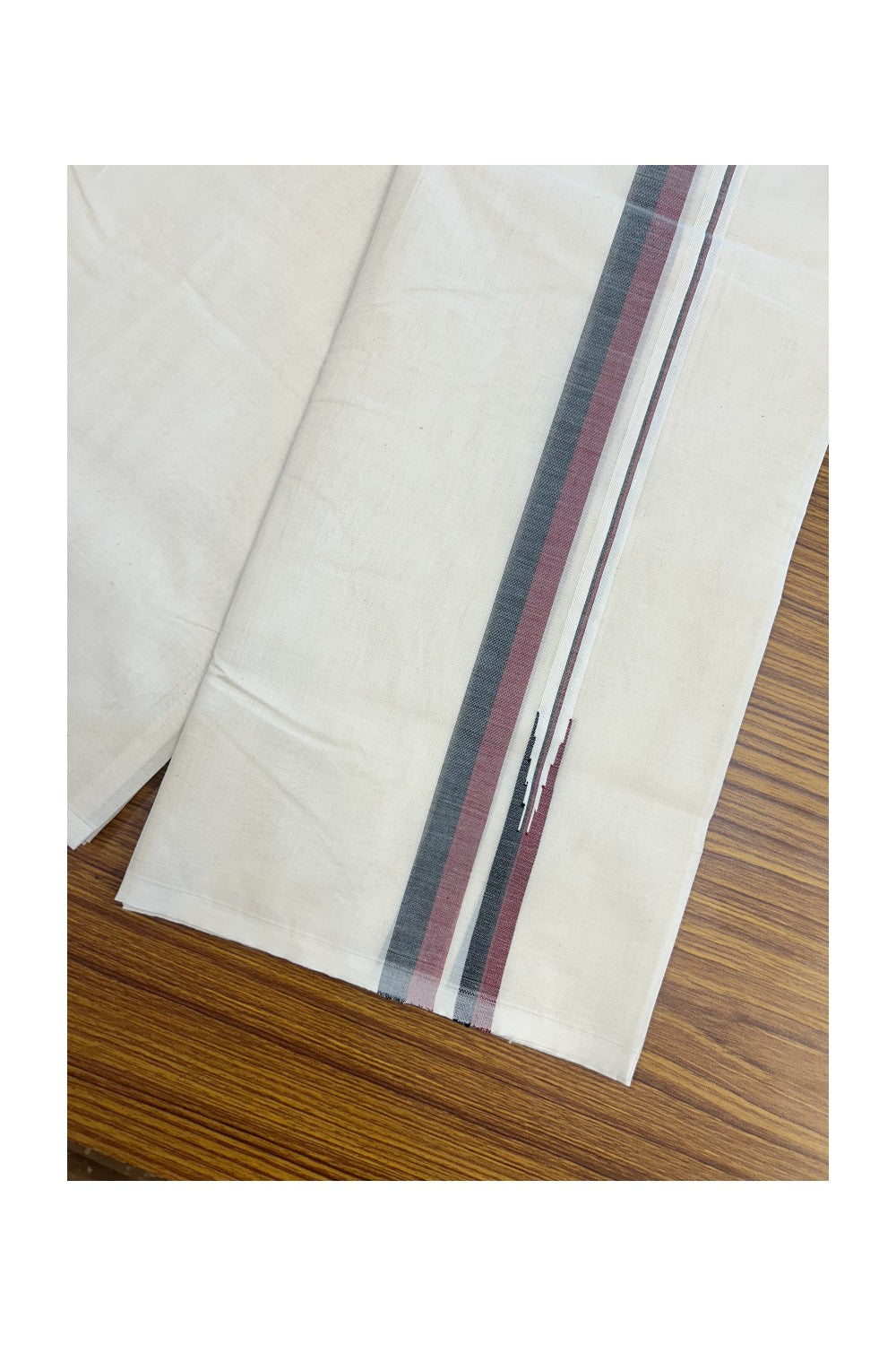 DMK Veshti - 19% DISCOUNT! KaithariKada 100% Cotton off white Double - (Unbleached) Mundu/Dhoti - 100X100 - 1 inch Puliyilakkara Black & Maroon Shaded Chutty kara - 3KK5187ASH