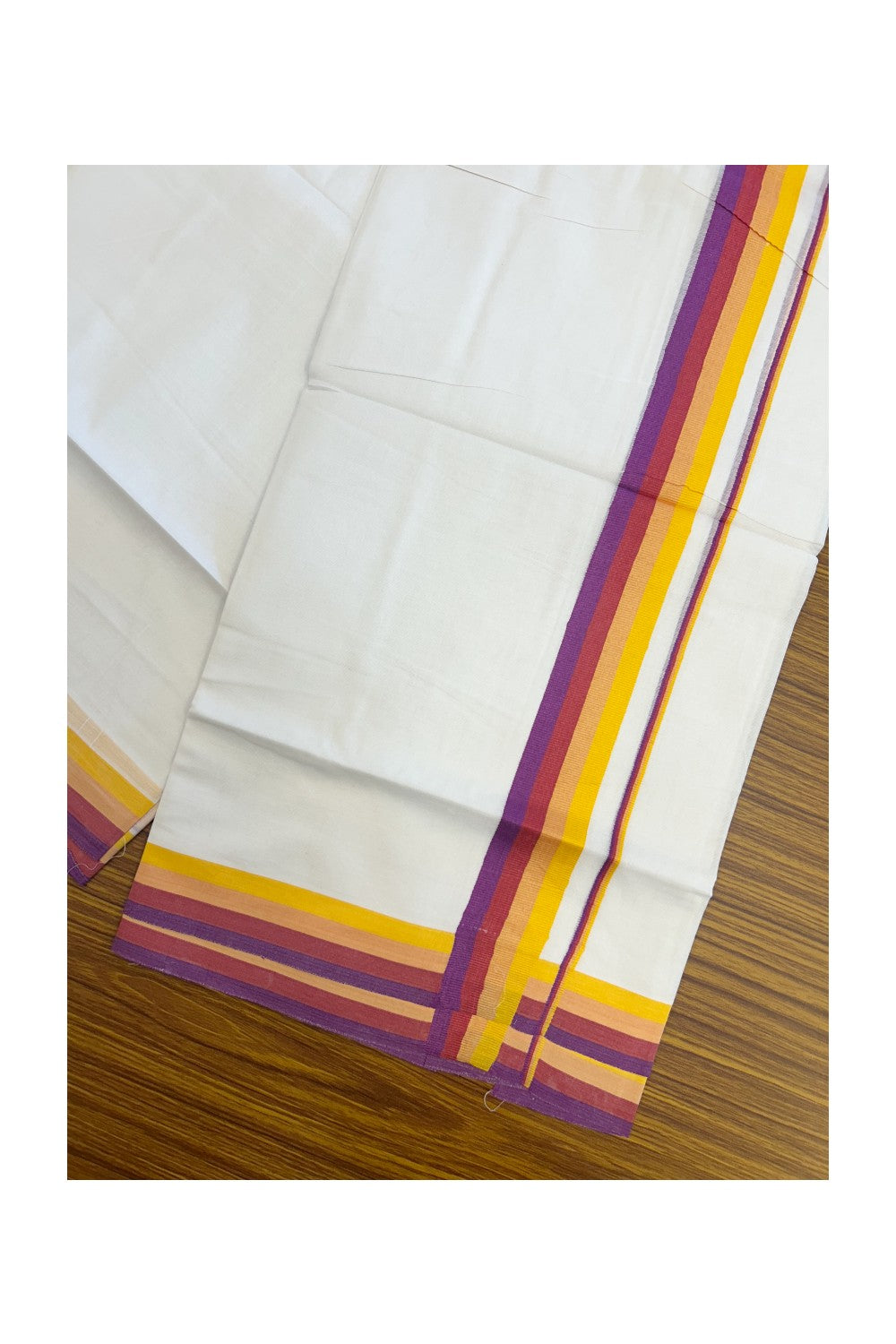 21% DISCOUNT ! KaithariKada Balaramapuram 100% Cotton Pure white Double  Mundu/Dhoti - 100X90 - 1.25 inch Multi Colour kara - 3KK5202PMC