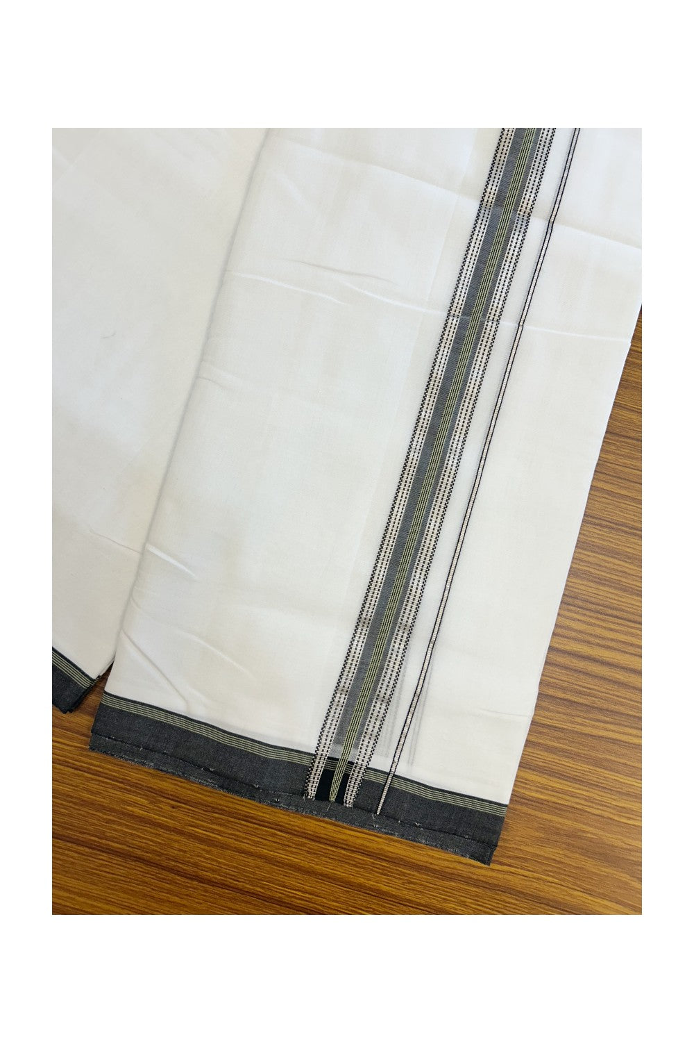 25% Discount!! NEW ULTRA PURE WHITE HANDLOOM Balaramapuram - 100% Mercerised Cotton Double Mundu/Dhoti - 120 twisted warp x 80s weft - 1.25 inch Silver Kasavu & Black Green Striped Kara- 3KK5209 REA