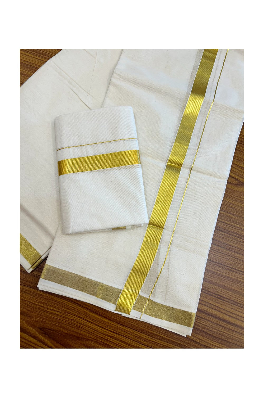 20% Discount!! KaithariKada Balaramapuram - 100% PURE Cotton Off White  (Unbleached) Mundu/Dhoti & Neriyath set - 1 Inch Kasavu Kara - 3KK5213 VIN