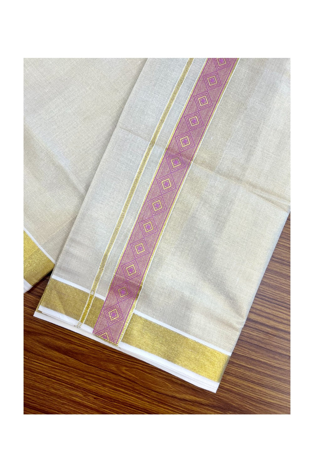 22% DISCOUNT!! KaithariKada Balaramapuram Double OFF WHITE Mundu/Dhoti - 80x72 - Tissue Body with 1.5 Inch Lavender Pink & Gold Kasav Printed Design Kara - 3KK5219 GAN