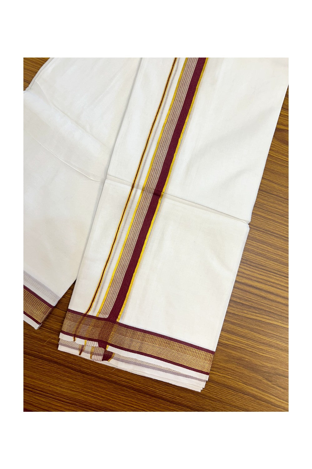 16% DISCOUNT! KaithariKada Balaramapuram 100% MERCERISED Cotton Double ULTRA PURE WHITE Mundu/Dhoti - 100x100 - 1 inch Maroon & Kasavu Stripes Kara - 3KK5221 GAN
