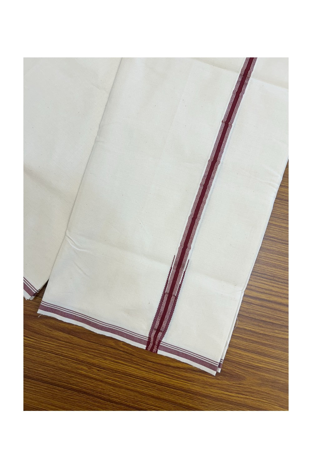 20% Discount!! KaithariKada Balaramapuram 100% COTTON SINGLE OFF WHITE - (Unbleached) Mundu/Dhoti - 100X100 - 0.75 inch Puliyilakkara Maroon & Silver Kasavu Striped Chutty Kara(2 meter / 4 muzham) - 3KK5228 ASH