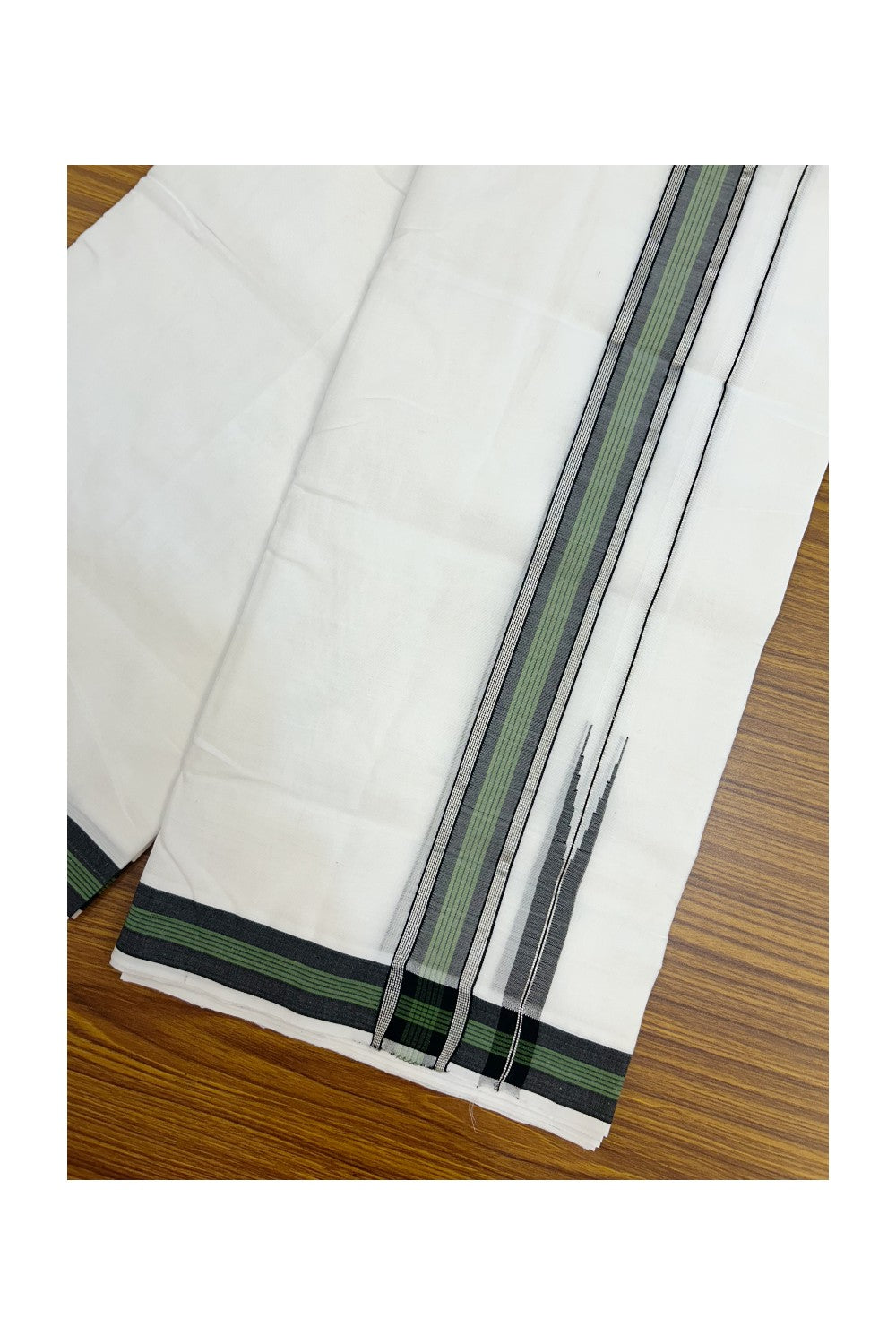 25% Discount!! NEW ULTRA PURE WHITE HANDLOOM Balaram apuram - 100% Mercerised Cotton Double Mundu/Dhoti - 120 twisted warp x 80s weft - 1.5 inch Puliyilakkara Silver Kasavu Black & Green Striped Chutty Kara - 3KK5232 REA