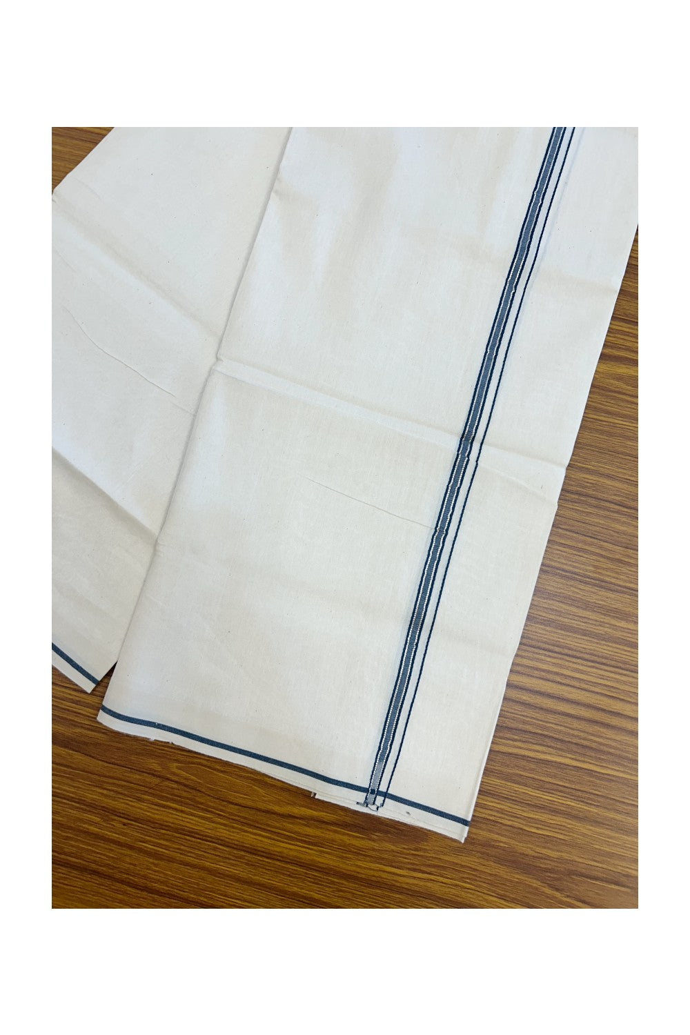 24% Discount !! KaithariKada Balaramapuram 100% Cotton OFF WHITE (Unbleached) Single Mundu/Dhoti - Twisted 60s Thread - 1 cm Silver Kasavu Peacock Blue Kara (2 meter / 4 muzham) - 12KK5236 GL