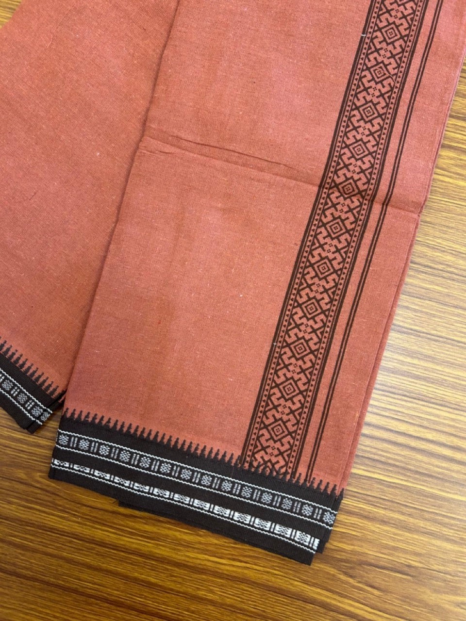 8% Discount!!! Kaitharikada 90% cotton 5 % Polyster Single KAVI - Kaily / Lungi - 3.25 inch DARK BROWN Tribal Printed kara Kuppadam Border (2 meter / 4 muzham) - 3KK8027 AS
