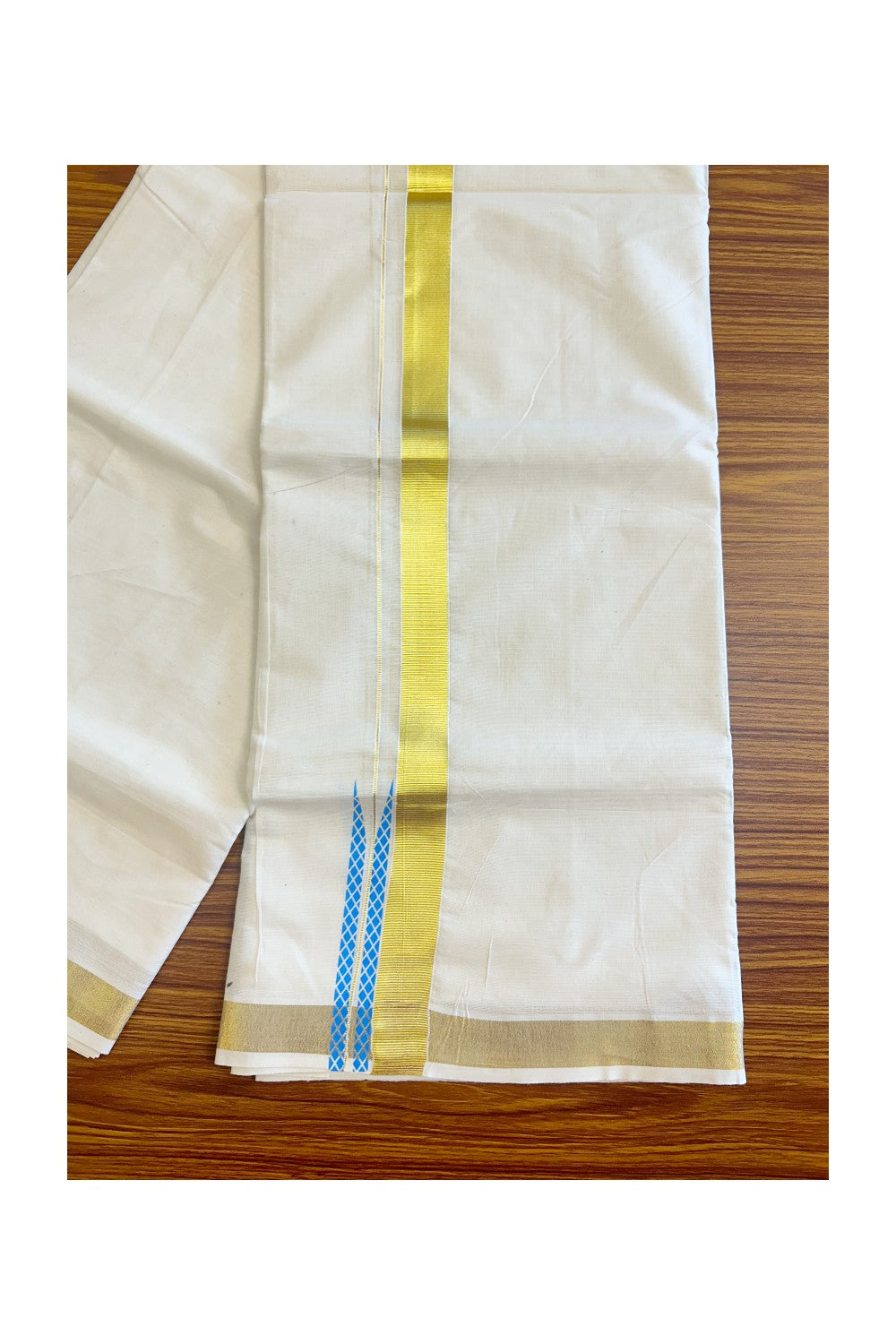 15% Discount !! KaithariKada Balaramapuram 100% Cotton Double Off white - (Unbleached) Mundu/Dhoti-80X72-  KASAVU & BLUE CHUTTY PATTERN Printed Kara- 3KK85CEE
