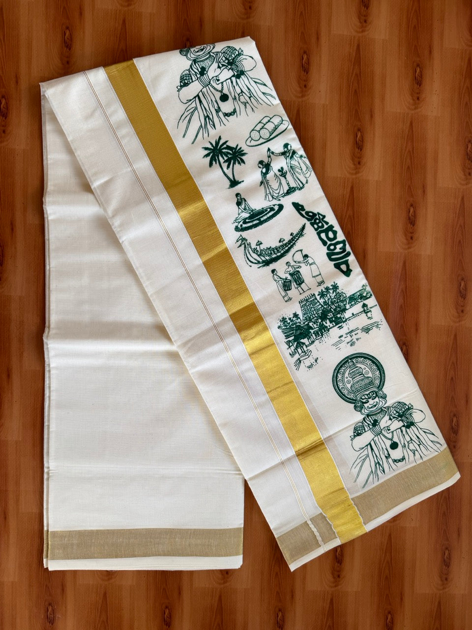 Double Off White - Onam Festival Print - (Unbleached) Mundu/Dhoti- 20% Discount!! KaithariKada Balaramapuram Mixed Cotton 60s - 1.5 inch Gold Kasav with Dark Green Printed Design Kara - 3 KK5474 GAN