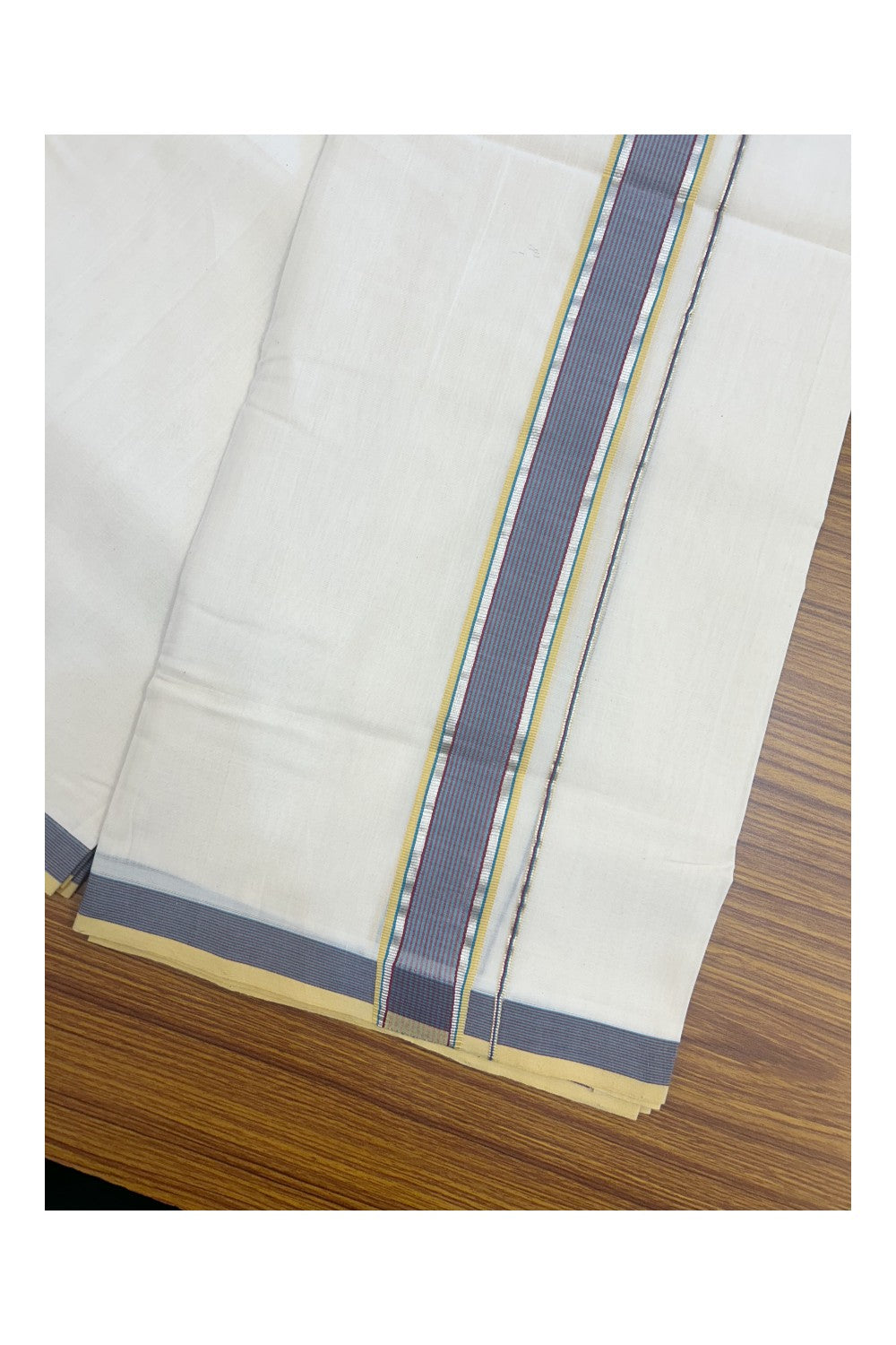 28% DISCOUNT! KaithariKada BALARAMAPURAM HANDLOOM UNAKKUPAAV - 100% PURE Cotton Off white (Unbleached) Double Mundu/Dhoti - 1.75 inch Silver Kasavu Navy BLue and mustard Yellow Kara - 3KK5153RAM