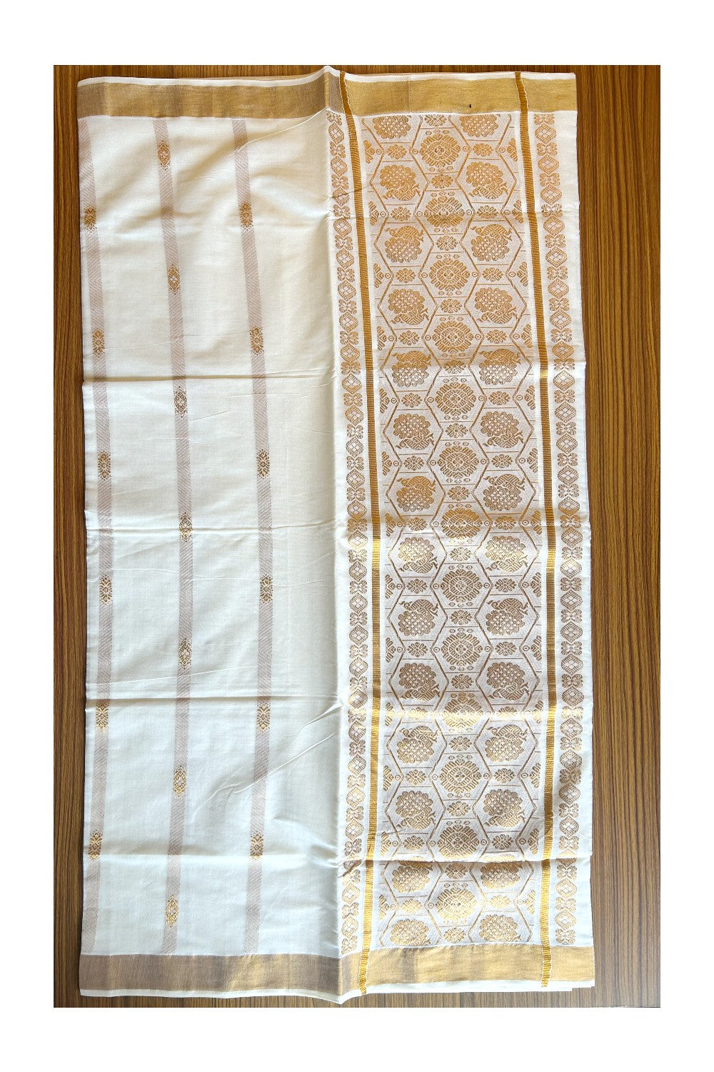 23% Discount!!! Kaitharikada Kerala Cotton Saree Off white - 28.5 inch Kasav Zari with Peacock Pattern Putta Design- 3KK1002JEE