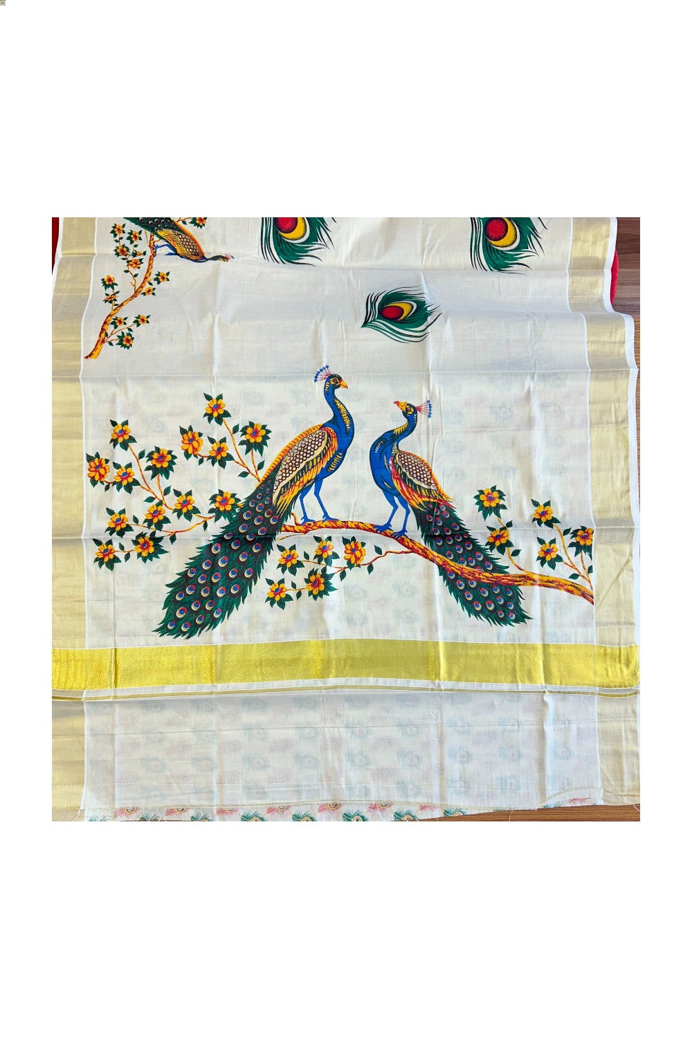 25% Discount! Kaitharikada Kerala Saree - Kasavu Tissue -  Kasavu Zari & Peacock Mural Printed Maroon - 3KK300VIN